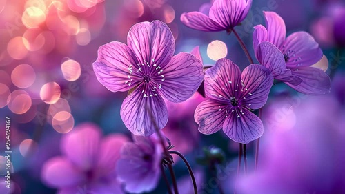 Close-up of purple flowers with bokeh effect, vibrant nature scene. Botanical and tranquility concept