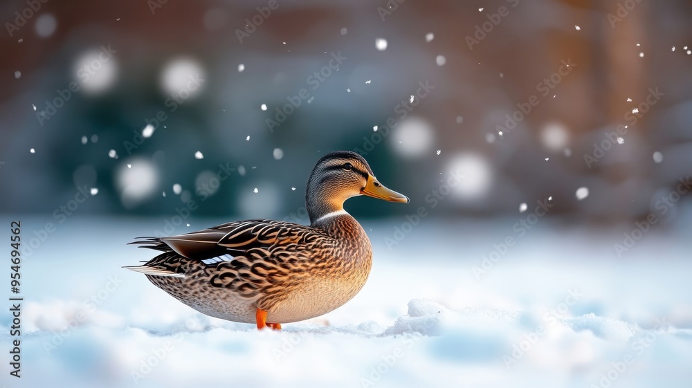 Unusual duck walking through a snowy landscape, with snowflakes falling on its feathers and the winter environment providing a rare contrast. Unusual duck walking through a snowy landscape, with snowflakes falling on its feathers and the winter environment providing a rare contrast.