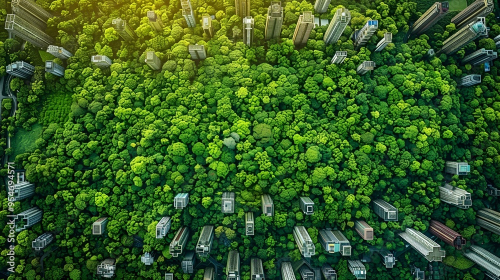 a group of buildings in a forest. a group of buildings in a forest.
