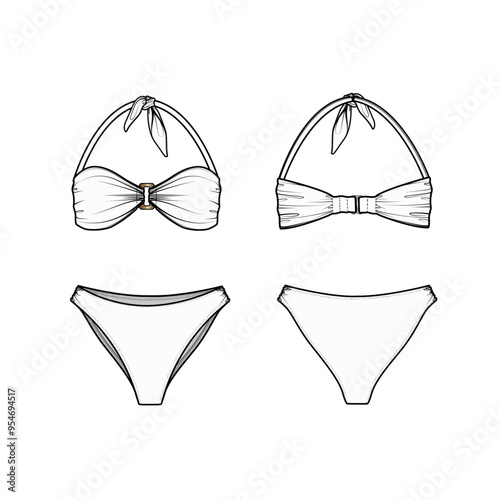 Women's Hardware Bikini Vector Fashion Illustration Template. Illustrator File. Front and Back. Black and White. Color.