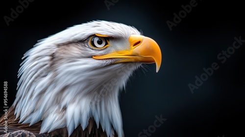 Professionally lit studio featuring an eagle, with soft lighting emphasizing its sharp eyes and strong wings against a clean, minimalistic backdrop.