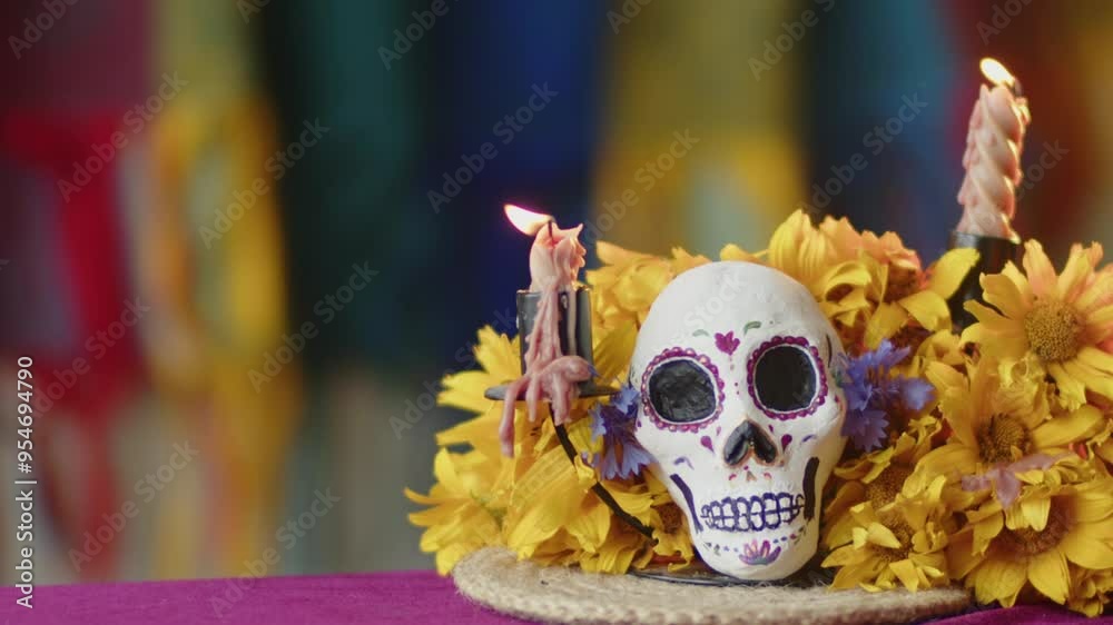 Lighted candles next to a skull figurine Lighted candles next to a skull figurine