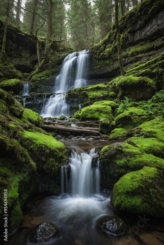 Waterfall cascading down a cliff, surrounded by moss-covered rocks