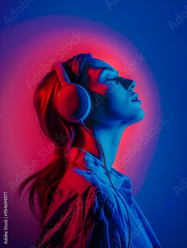 Woman Immersed in Music with Neon Lighting photo
