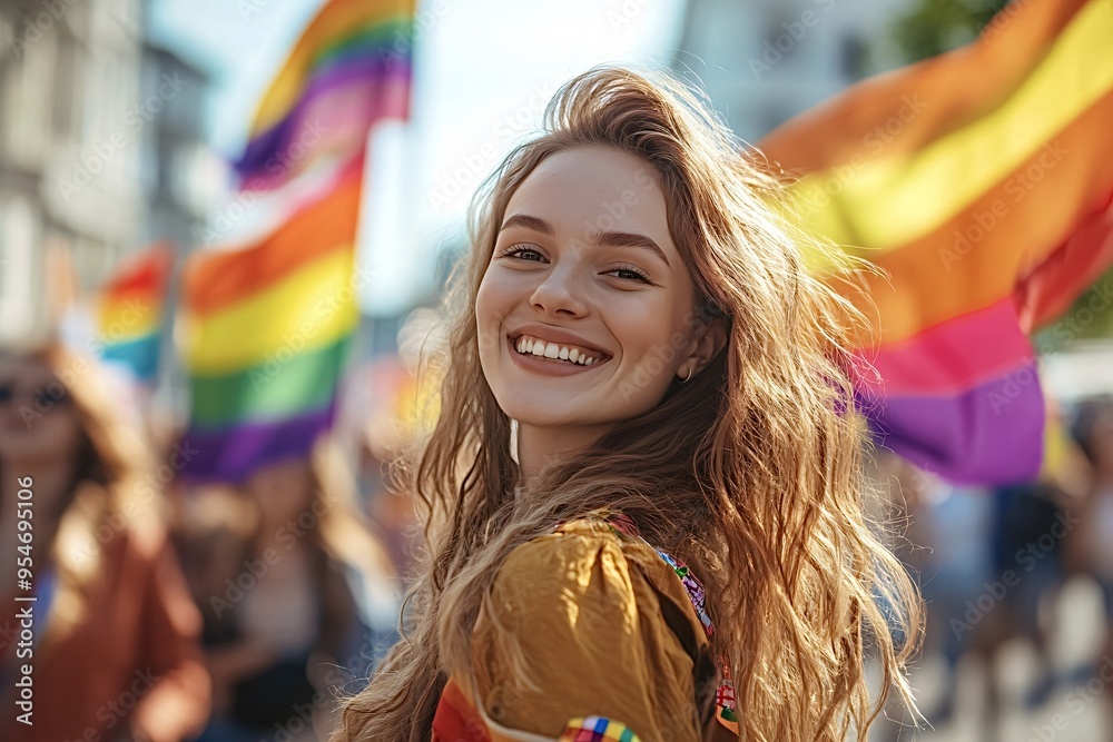 Young woman is smiling broadly while standing in a crowd of people holding rainbow flags. She is attending a gay pride event and showing her support for the lgbt community Young woman is smiling broadly while standing in a crowd of people holding rainbow flags. She is attending a gay pride event and showing her support for the lgbt community