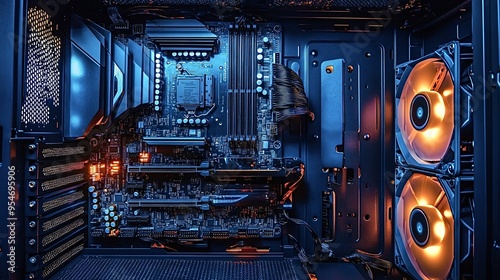 View inside a desktop personal computer with the cover off, showing illuminated cpu cooler fans, the motherboard, and other components