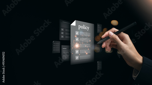 Businessman showing online document validation icon, Concepts of practices and policies, company articles of association Terms and Conditions, regulations and legal advice, corporate policy
