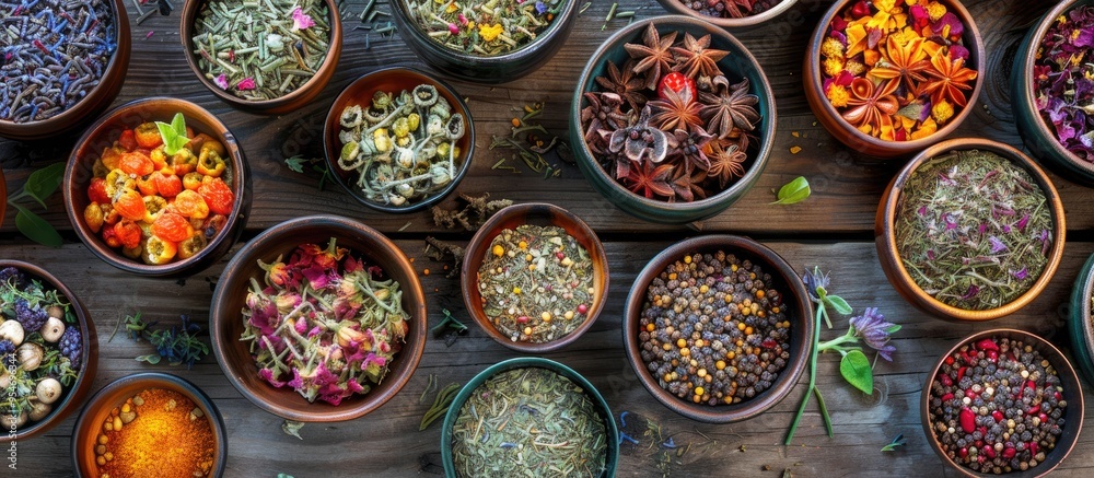 Assortment of various herbal and fruit dried teas in bowls on a wooden table Top view flat lay with copy space Assortment of various herbal and fruit dried teas in bowls on a wooden table Top view flat lay with copy space
