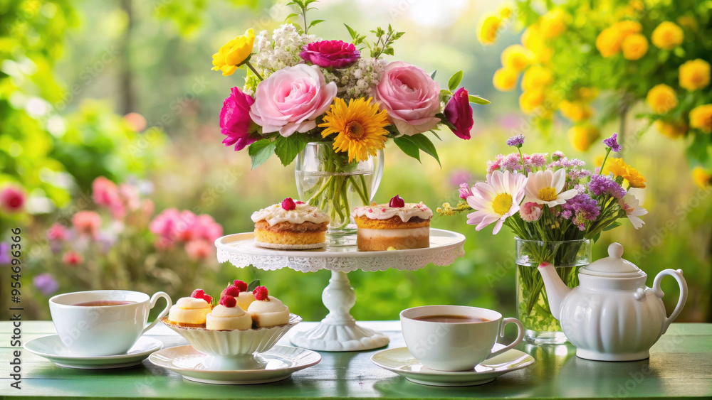 Traditional Afternoon tea party setup featuring a teapot, a cup of tea, British old-fashioned vintage style Traditional Afternoon tea party setup featuring a teapot, a cup of tea, British old-fashioned vintage style