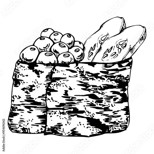 Traditional Japanese food, gunkan sushi seaweed nori wrap with raw fish salmon roe caviar, cucumber slices. Illustration hand drawn in vector pen, ink for restaurant, cafe menu, kitchen, recipe book