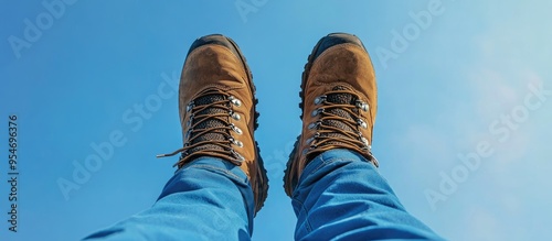 Brown hiking boots and blue hiking pants against a clear blue sky with copy space