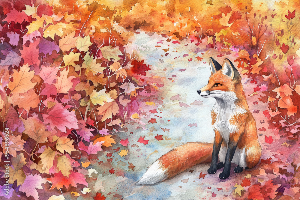 Obraz premium A serene fox sitting on a path surrounded by vibrant autumn leaves, showcasing nature's beauty.