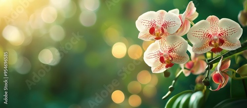 Macro abstract texture background featuring stunning white and red blooming moth orchids phalaenopsis with a defocused green natural backdrop. with copy space image. Place for adding text or design