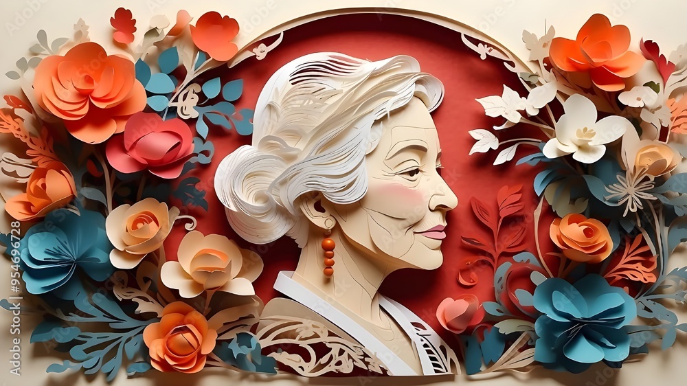 Beautiful paper-cut depiction of Senior Citizens Day including a profile of an old woman and floral components Beautiful paper-cut depiction of Senior Citizens Day including a profile of an old woman and floral components