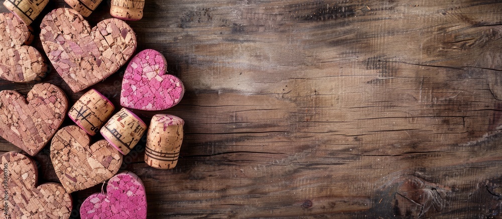 Corks from champagne sparkling wine and a wooden heart made from cork material on a pink background with copy space for your text Holiday greeting card Top view Corks from champagne sparkling wine and a wooden heart made from cork material on a pink background with copy space for your text Holiday greeting card Top view