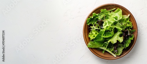 Fresh organic green salad presented on a plate against a white background featuring copy space for your text Top view of Vallerianella locusta corn salad or lamb lettuce Ideal template for a healthy photo