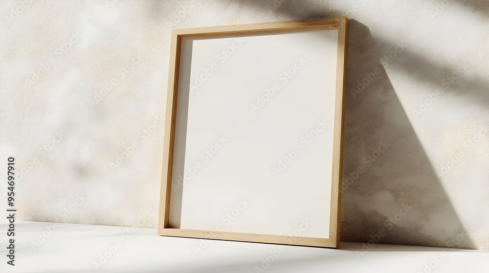 Fototapeta premium Blank Wooden Frame Leaning Against Neutral Wall on White Surface