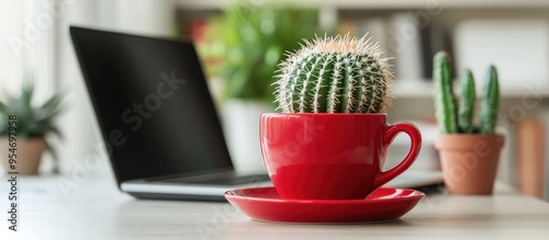 Laptop cactus and a red cof...
