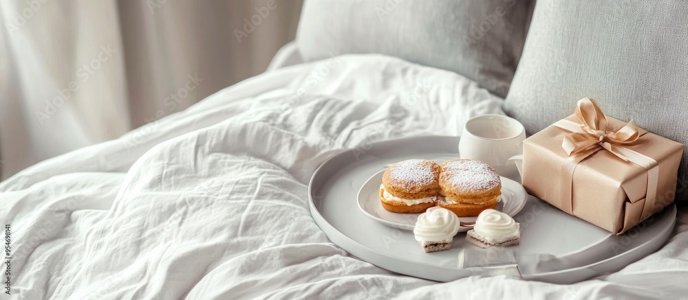 tray with breakfast and gift box on the bed. with copy space image. Place for adding text or design tray with breakfast and gift box on the bed. with copy space image. Place for adding text or design