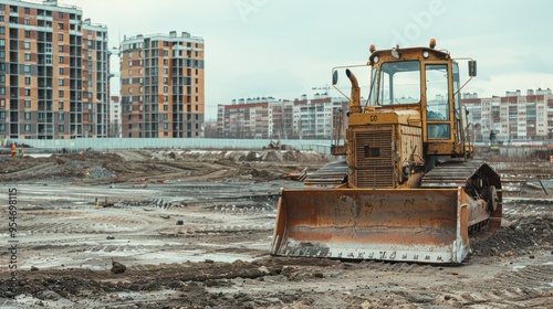 a bulldozer parked on a large, cleared construction site with a backdrop of unfinished buildings, representing progress and development. photo