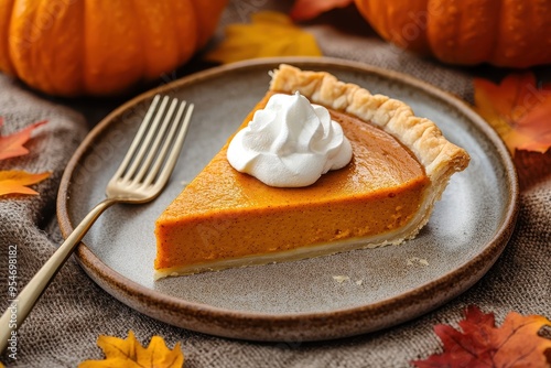 Pumpkin Pie Slice: A close-up of a perfectly cut slice of pumpkin pie with a dollop of whipped cream on top, placed on a rustic plate with a fork beside it. The background is a textured tablecloth wit