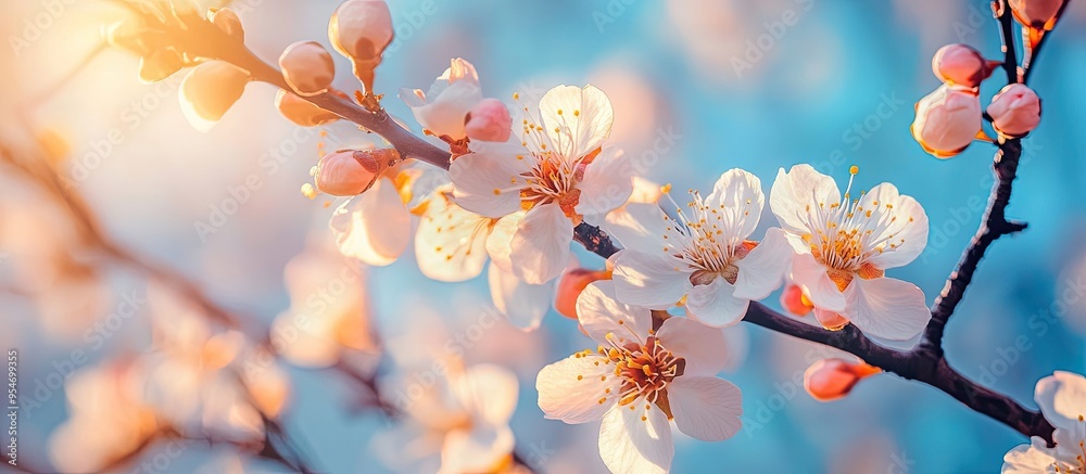 Vibrant spring blossoms of the apricot tree with a blue sky behind. with copy space image. Place for adding text or design Vibrant spring blossoms of the apricot tree with a blue sky behind. with copy space image. Place for adding text or design
