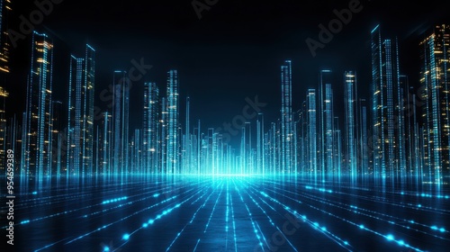 Futuristic cityscape with glowing blue lines and skyscrapers, representing advanced technology and digital connectivity.