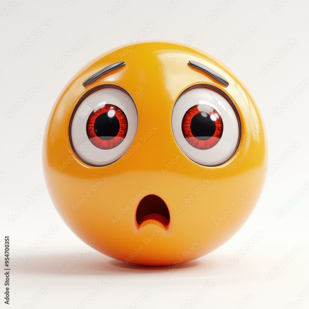 A 3D rendering of a surprised emoticon with big red eyes and a small open mouth, ideal for expressing shock or astonishment in digital communications, social media posts, and online feedback,