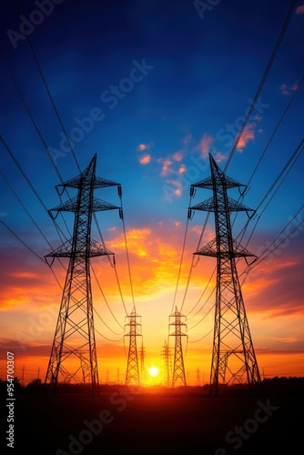 Silhouette of power lines against a vibrant sunset, showcasing the blend of nature and technology in beautiful colors.