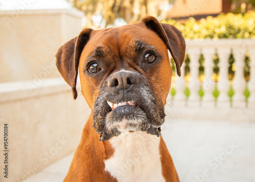 Close-up portrait of a boxer dog with a crooked smile sitting on a terrace photo