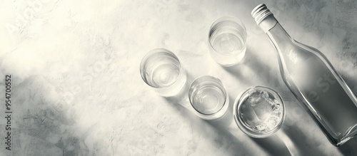 Bottle of vodka and shot glasses on a light grey table viewed from above Room for text. with copy space image. Place for adding text or design photo