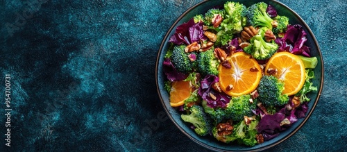 Healthy diet vibrant broccoli salad featuring oranges mangetout red radicchio and nuts. with copy space image. Place for adding text or design photo