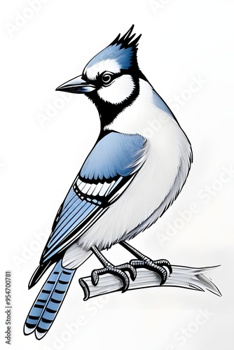 an illustration of a pretty blue jay bird, bluejay,  feathers, wings, beak, nature, perch, tree, branches, sky, sunlight, forest, wildlife, vibrant, colorful, songbird, small, aviary, plumage, drawing photo