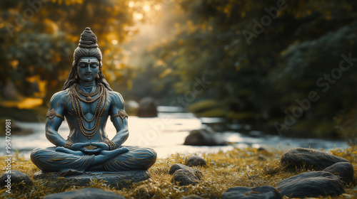 Shiva statue, sculpture sitting on grass, marble stone carved and polished photo