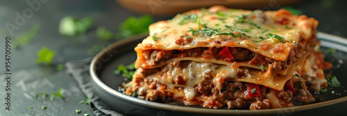 Close Up Of ThreeLayers Delicious Lasagna Plate Decorated With Basil Sprig On Dining Table