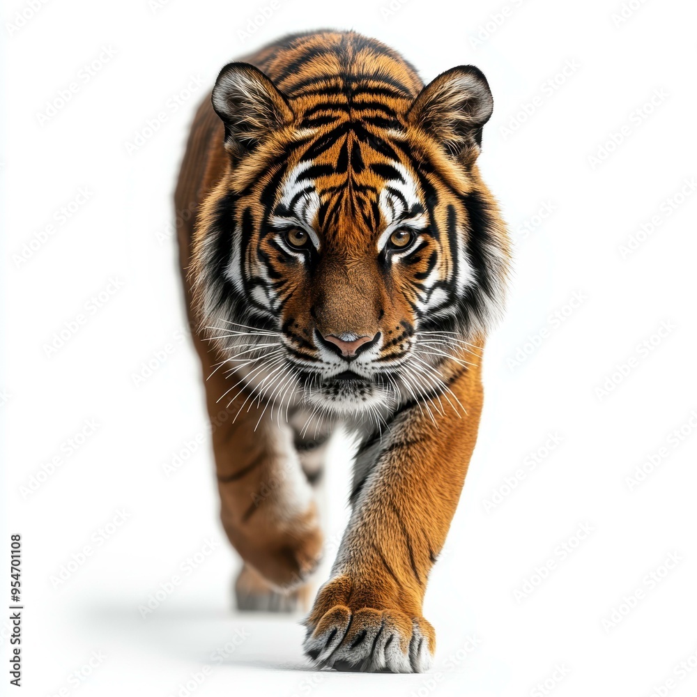 Fototapeta premium A majestic tiger with piercing eyes walks towards the camera, highlighting its powerful presence, Ideal for use in wildlife conservation campaigns, educational materials, and animal-themed marketing,