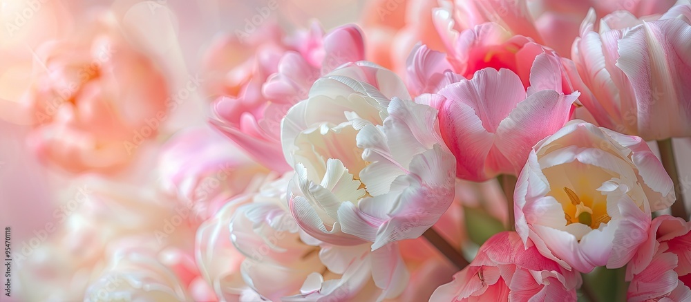 Obraz premium Close up of blooming pink and white tulips with a blurred background. with copy space image. Place for adding text or design