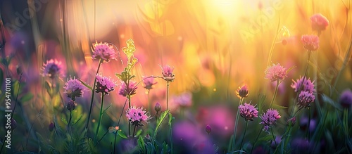 Selective and soft focus on grass flowers and wild plants swaying in the breeze and illuminated by a golden sunset Spring and summer season natural backdrop with copy space