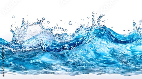 Blue Water Splash and Bubbles on White Background