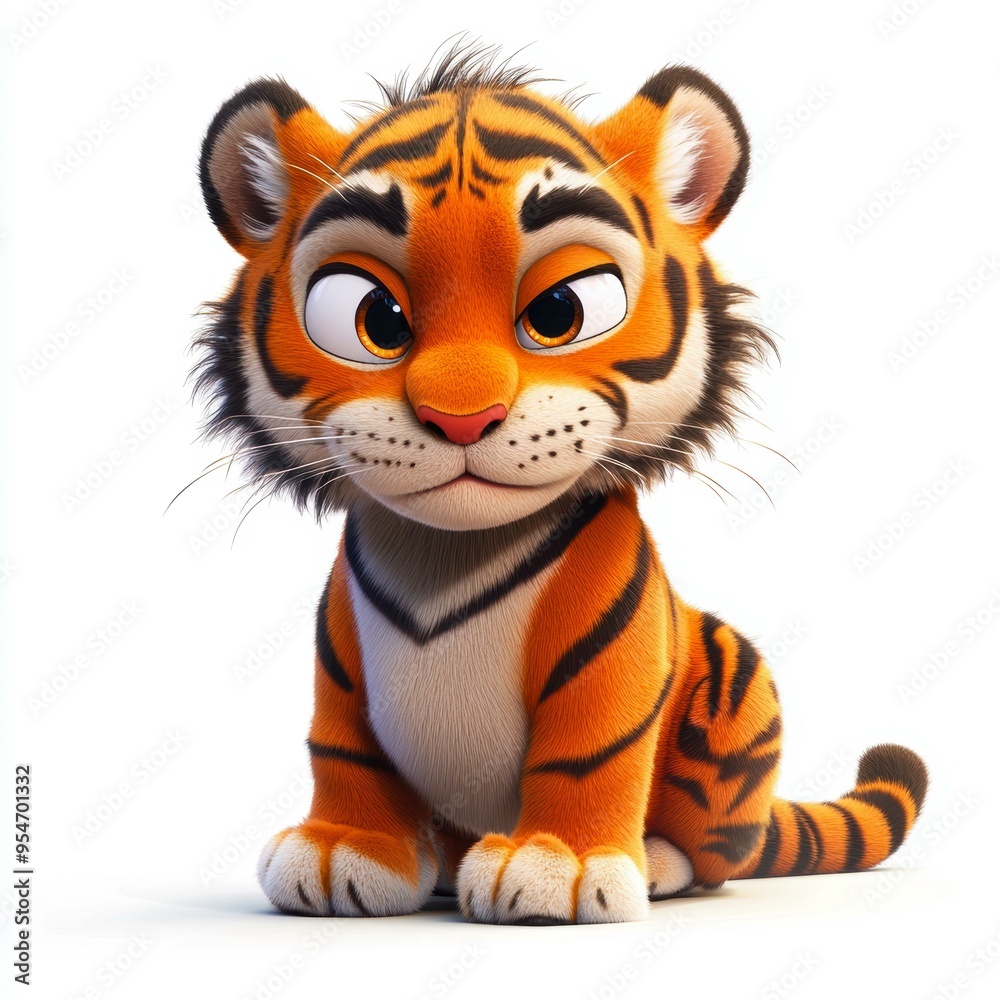 A cute, animated baby tiger sits adorably with a white background, Perfect for children's books, educational materials, or animal-themed marketing campaigns, evoking playfulness and curiosity, A cute, animated baby tiger sits adorably with a white background, Perfect for children's books, educational materials, or animal-themed marketing campaigns, evoking playfulness and curiosity,