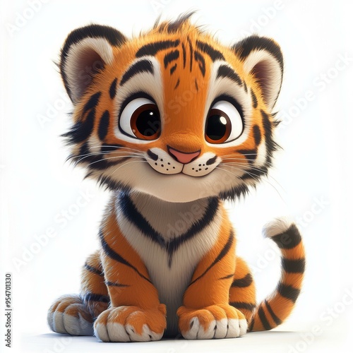 An adorable, wide-eyed cartoon baby tiger sitting against a white background ideal for children-related content, educational materials, and playful designs,