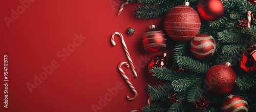 Craft background featuring a close up of a Christmas tree and ornaments Empty space for text Red Christmas ornaments spruce branches and cane shaped candies Christmas themed background photo