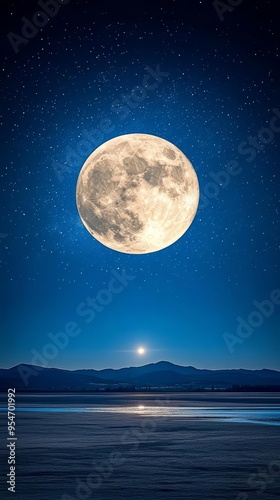 A serene night sky showcasing a full moon illuminating mountains and water, creating a peaceful and dreamy atmosphere.