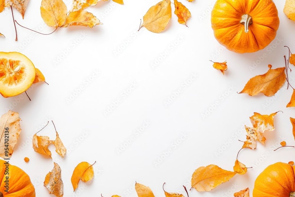 Banner for Thanksgiving Day with Pumpkin and autumn dry leaves,squash on white background. View from above. Copy space with generative ai Banner for Thanksgiving Day with Pumpkin and autumn dry leaves,squash on white background. View from above. Copy space with generative ai