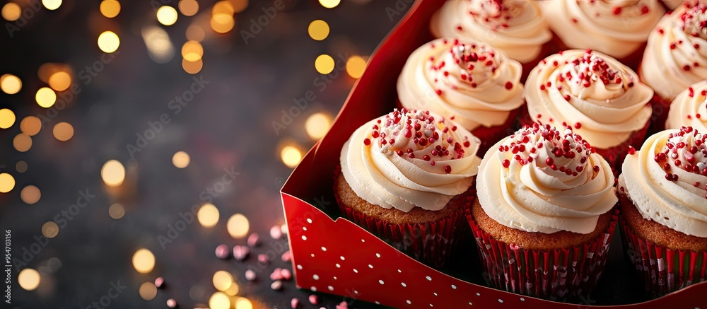 Obraz premium Cupcakes in a gift box with fairy lights Blank area for text Valentine s Day theme. with copy space image. Place for adding text or design