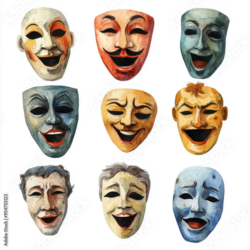 Collection of comedy masks of theater actors, watercolor clipart illustration with white isolated background.