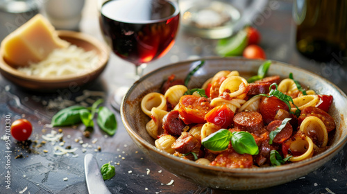 Gourmet Orecchiette Pasta with Spicy Chorizo, Cherry Tomatoes, Garlic, and Basil