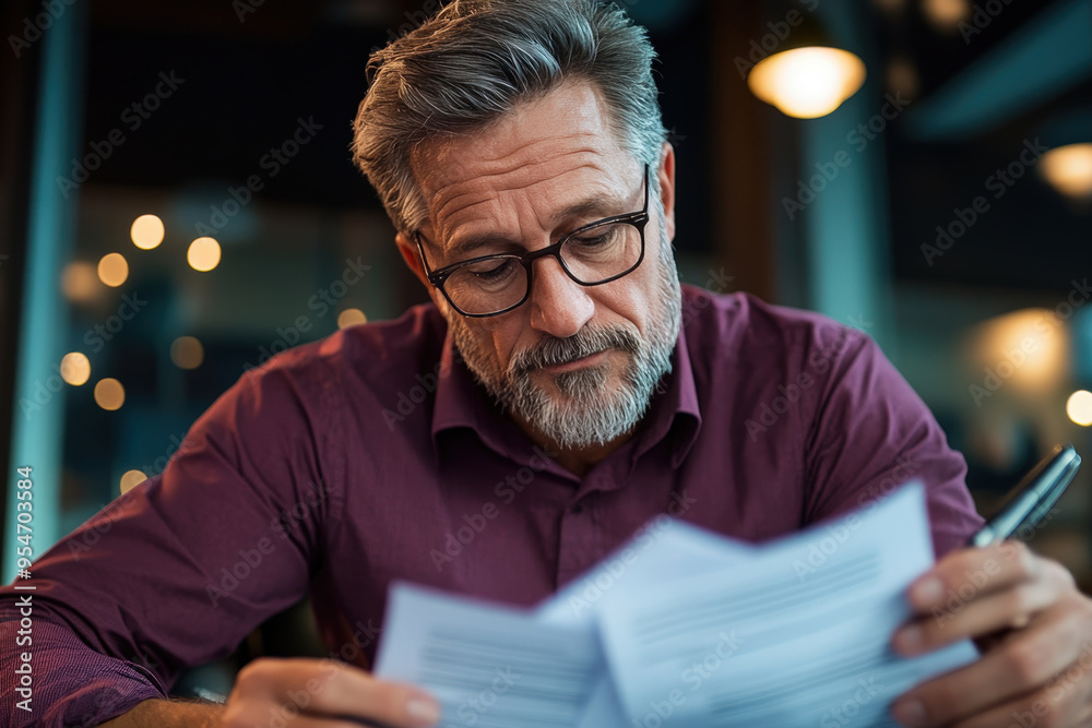 A mature man in glasses reviews documents carefully under warm lighting, highlighting a focused and reflective mood in a cozy, sophisticated setting with modern aesthetics. A mature man in glasses reviews documents carefully under warm lighting, highlighting a focused and reflective mood in a cozy, sophisticated setting with modern aesthetics.