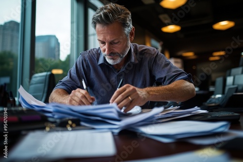 Man focused on writing and organizing a large stack of papers in a modern office setting with large windows showing a cityscape in the background, exemplifying dedication. photo