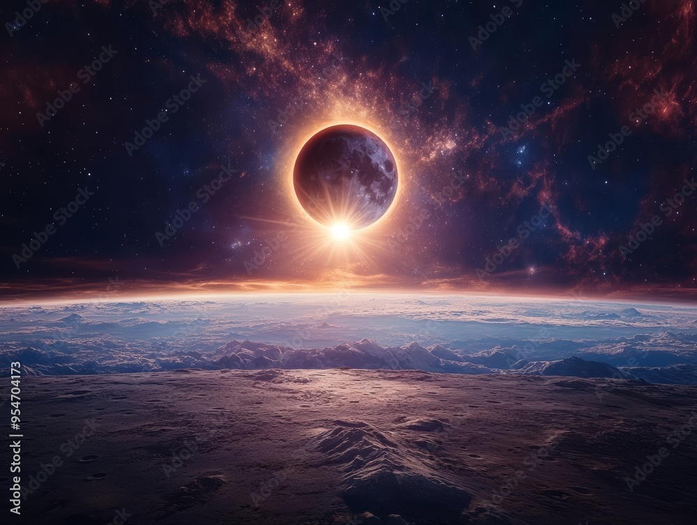 Fototapeta premium Stunning view of a solar eclipse over a distant planet, showcasing cosmic beauty and celestial phenomena in deep space.